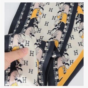 Elegant Black and Yellow Horse Silky Twilly Scarf Long Luxury Expensive Quality